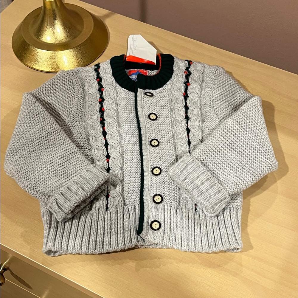 Cozy Knit Cardigan with Green and Red Accents